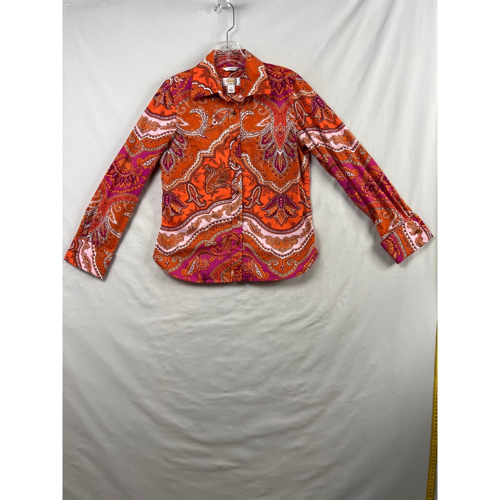 Talbots Button Down Shirt Women Small Petites Orange Pink Paisley Stretch Cotton